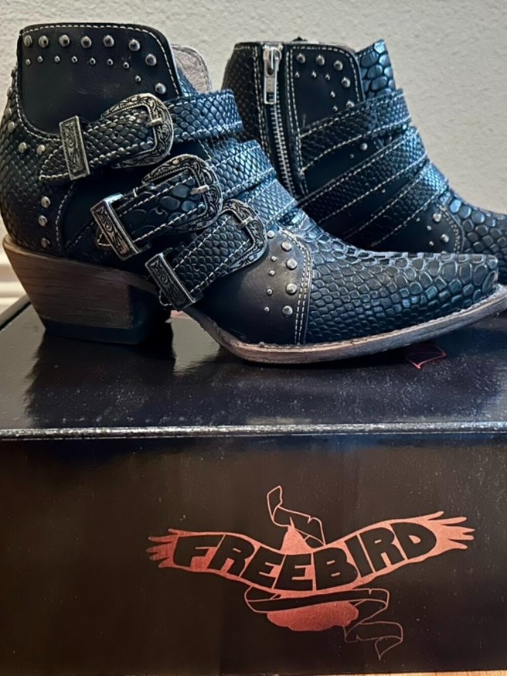 Freebird Whilhelmina Leather Black Snake Boots, Sz 6 (Fits like a Size 7)